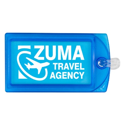 Translucent blue luggage tag with custom imprint.