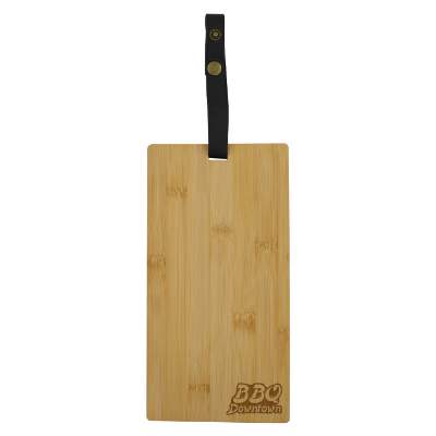 Engraved bamboo cutting board with strap with custom logo.