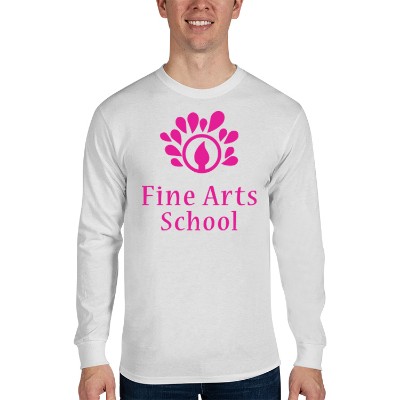 Personalized white cotton-poly long sleeve t-shirt with logo.