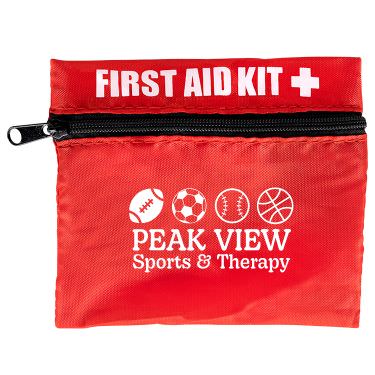 Red nylon first aid kit available with a custom imprint.