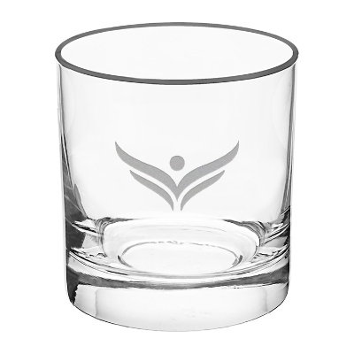Clear whiskey glass with engraved logo.