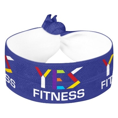 White elastic fold-over wristband with a full-color imprint.