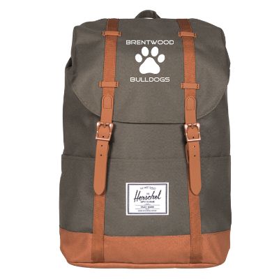 Recycled polyester forest and tan backpack with custom logo.