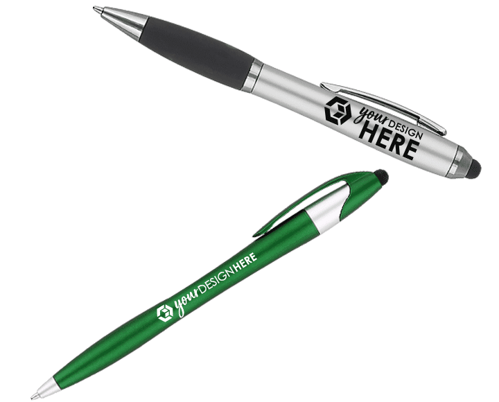 Silver personalized stylus pens with black imprint and green promotional stylus pens with white imprint