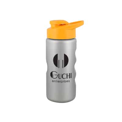 Plastic metallic silver water bottle with drink thru lid and custom branding in 22 ounces.