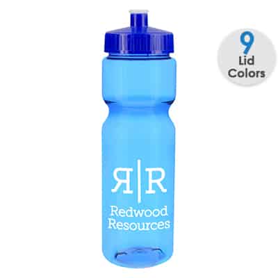 Plastic translucent red water bottle with custom logo and push pull lid in 28 ounces.