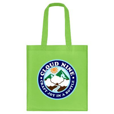 Polypropylene lime green tote bag with full-color custom logo and 8-inch gussets.