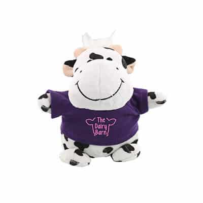 Plush and cotton purple bean bag buddy black and white cow with logo.