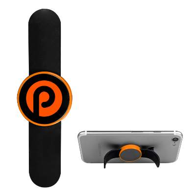 Orange plastic phone holder with a one-color imprint.