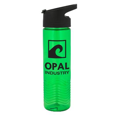 Plastic green water bottle with flip straw lid and custom print in 24 ounces.