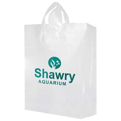 Plastic clear frosted large with handles foil stamped recyclable shopper with logo.