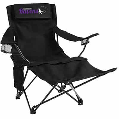 Reclining black folding chair with leg rest and full color logo.