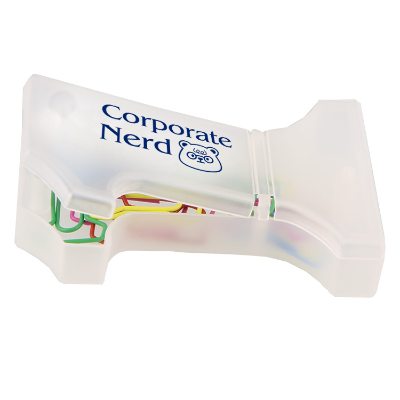 Frosted plastic number one shaped paperclip holder with assorted colored number one shaped paperclips with custom imprint.