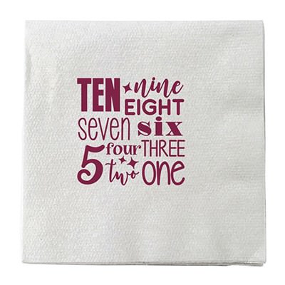 Heavyweight single ply tissue linen-like white cocktail napkin with customized design.
