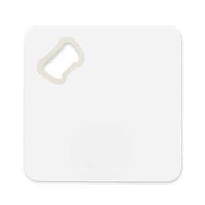Plastic white square with metal bottle opener blank.