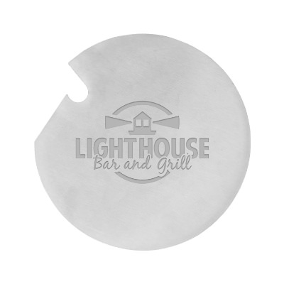 Silver stainless steel bottle opener and coaster with laser engraved personalized imprint.