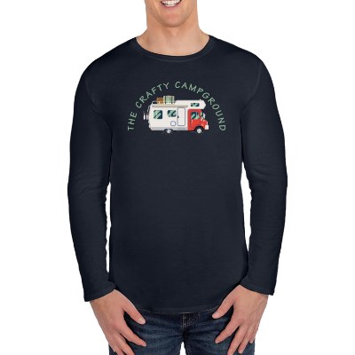 Full color long sleeve t-shirt with logo in solid navy triblend.