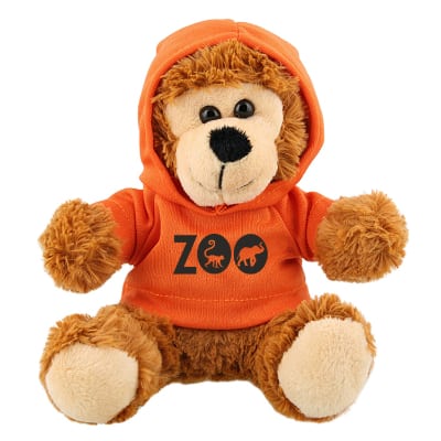 Plush and cotton monkey with orange hoodie with personalized imprint.