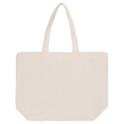 Blank natural cotton tote bag with 5-inch gussets and reinforced handles.