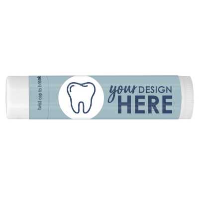 White and blue background dentist lip balm with a personalized logo.