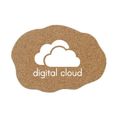 Cork cloud coaster with branded imprint.