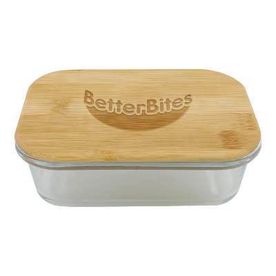 Clear 20 oz. glass food storage container with bamboo lid with laser engraved custom logo.