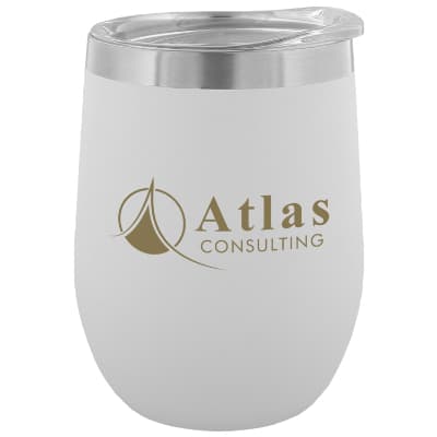 Stainless steel white wine glass tumbler with custom logo in 12 ounces.