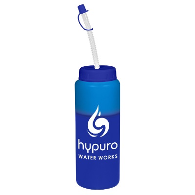 Plastic frosted to purple mood water bottle with branded logo and straw in 32 ounces.