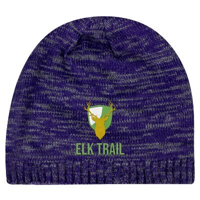 Custom embroidered knit purple and grey beanie.