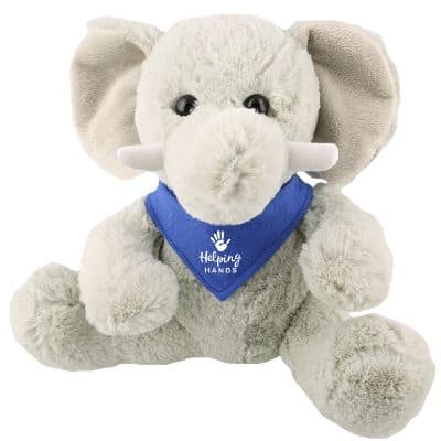 Plush and cotton elephant with royal blue bandana with personalized logo.