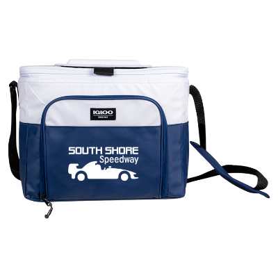 Navy and white cooler with custom logo.