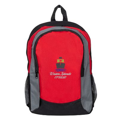 Red backpack with embroidered logo.