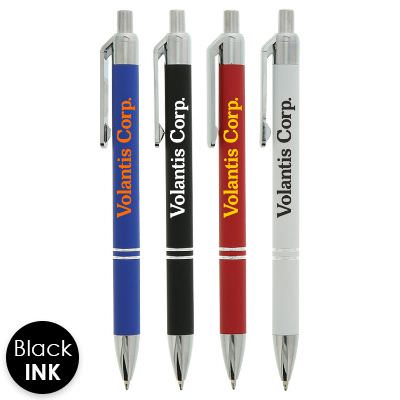 Colored pen with chrome accents and personalized logo.