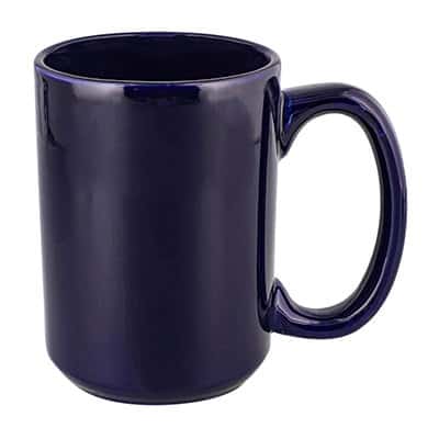 Ceramic cobalt blue coffee mug with c-handle blank in 15 ounces.