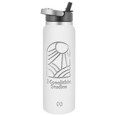 Stainless steel white sports bottle with custom engraved imprint in 40 oz.
