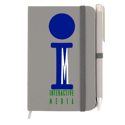 Full color logo on mini leatherette gray notebook.