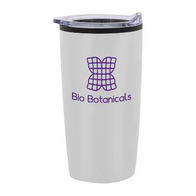 White tumbler with lid and custom imprint.