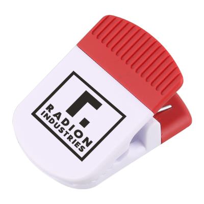 Plastic white with red grip classic magnet chip clip with imprint.