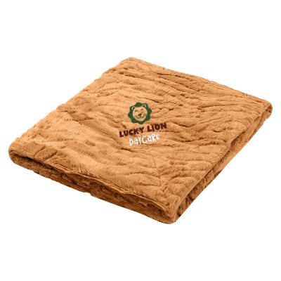 Embroidered reversible fur feel polyester chocolate blanket.