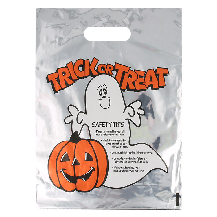 Plastic reflective ghost trick or treat recyclable bag.