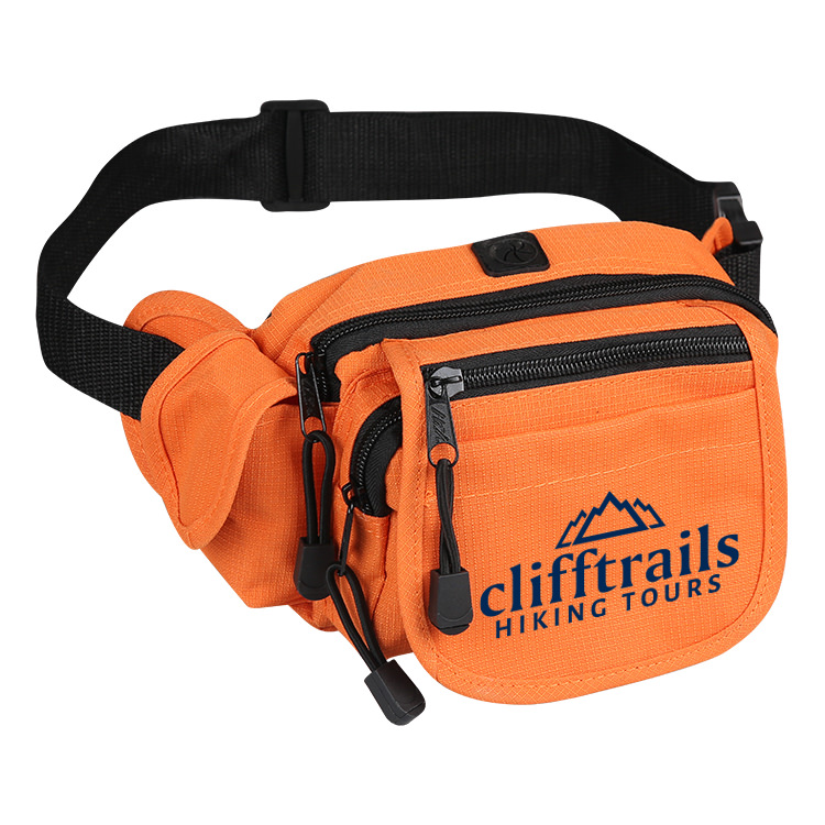 Orange custom imprinted nylon fanny pack with adjustable waist strap.
