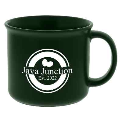 Green mug with custom logo.