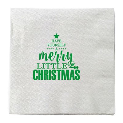 Heavyweight single ply tissue linen-like white cocktail napkin with customized design.