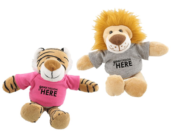 Custom mascot stuffed animals tiger with pink shirt and black imprint and lion mascot with gray shirt and black imprint