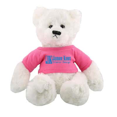 Plush and cotton pink plush hold a bear-white with imprinting.