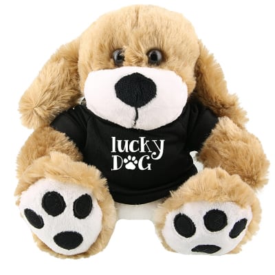 Plush and cotton dog with black shirt with branded logo.
