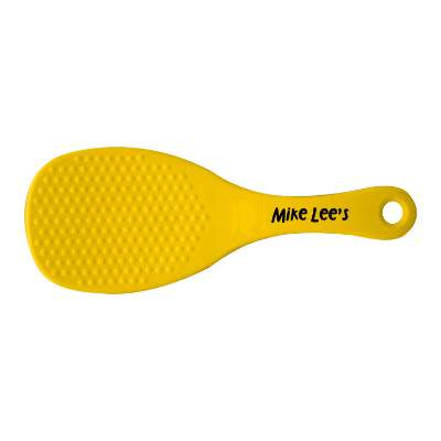Yellow rice paddle with personalized logo.