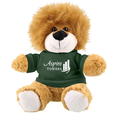 Plush and cotton lion with forest green shirt with custom logo.