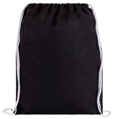 Blank cotton black drawstring bag with cord handles.