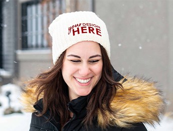 white beanie with red imprint